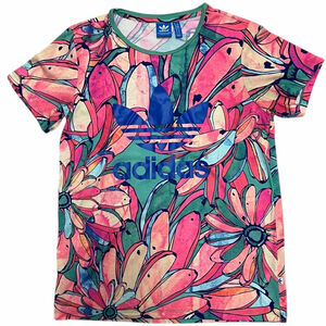 Adidas Floral Trefoil T-Shirt Womens XS Pink Green Allover Print Logo Tee